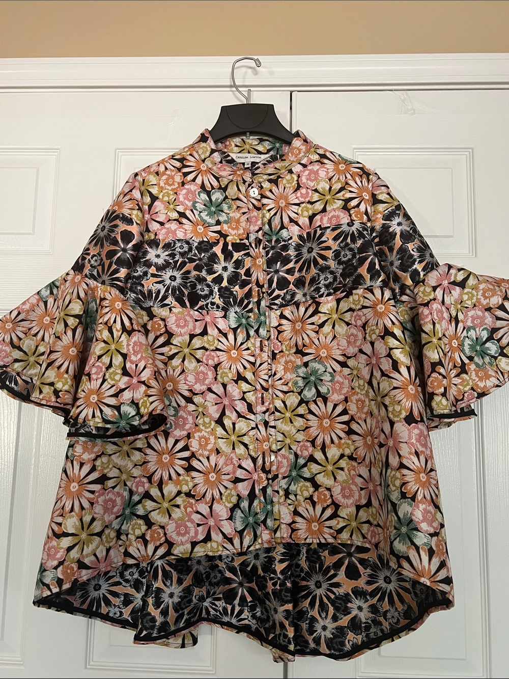Vintage Custom Made Multicolor Floral Print Silky Dramatic Bell-Sleeve Blazer